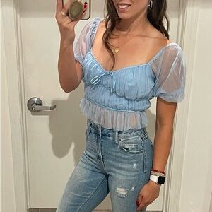 Lush Blue Crop Top with Puff Sleeves and Ruched Design